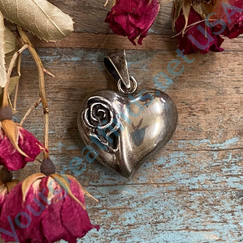 Vintage Sterling Silver Rose Puffy Heart Pendant