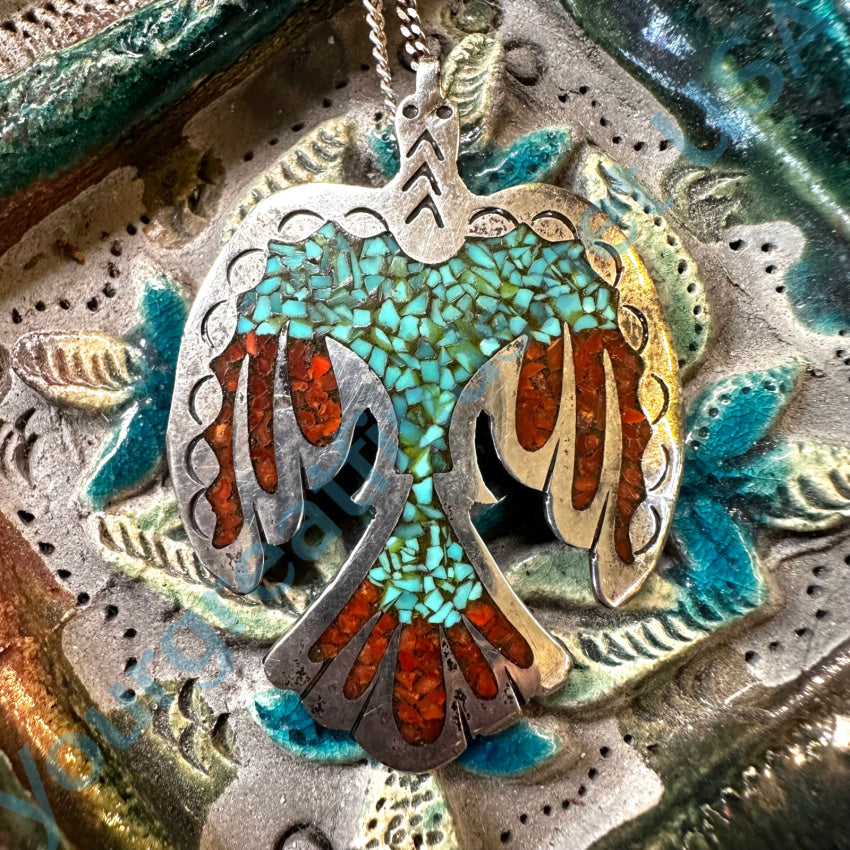 Vintage Sterling Silver Shiprock Mosaic Phoenix Bird Necklace Charlie Singer