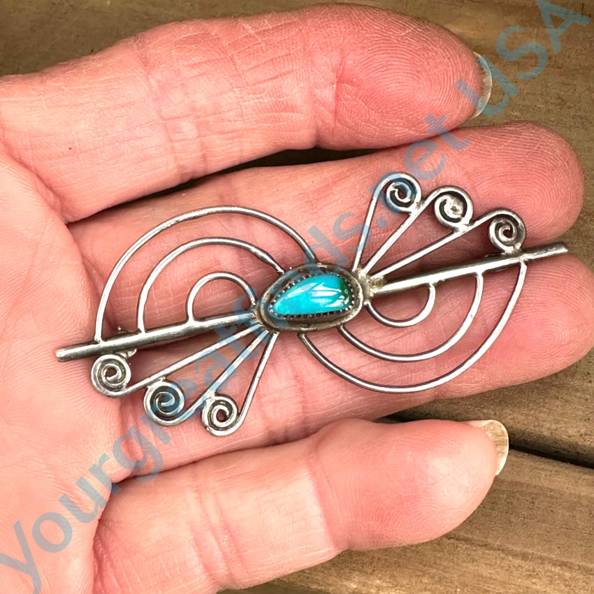 Vintage Sterling Silver &amp; Turquoise Wirework Pin