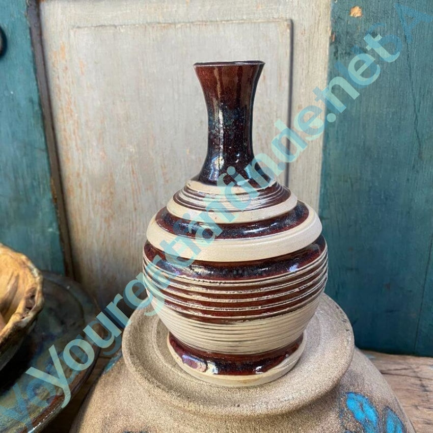 Vintage Stoneware Weed Pot with Striped Brown Glaze Yourgreatfinds