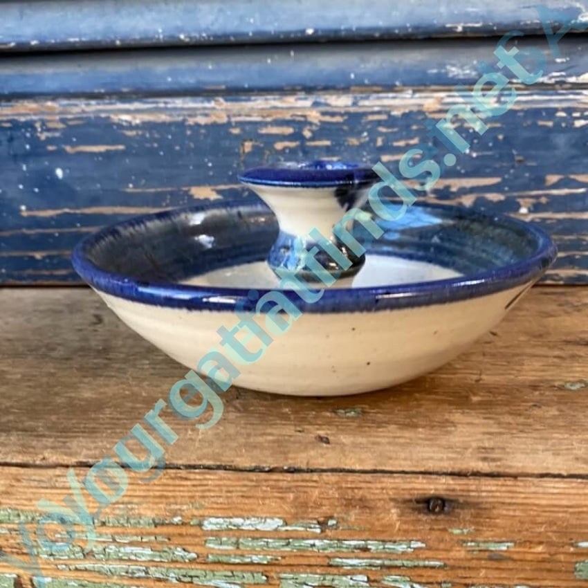 Vintage Studio Stoneware Pottery Chamberstick Candlestick in Indigo Blue Glaze Yourgreatfinds