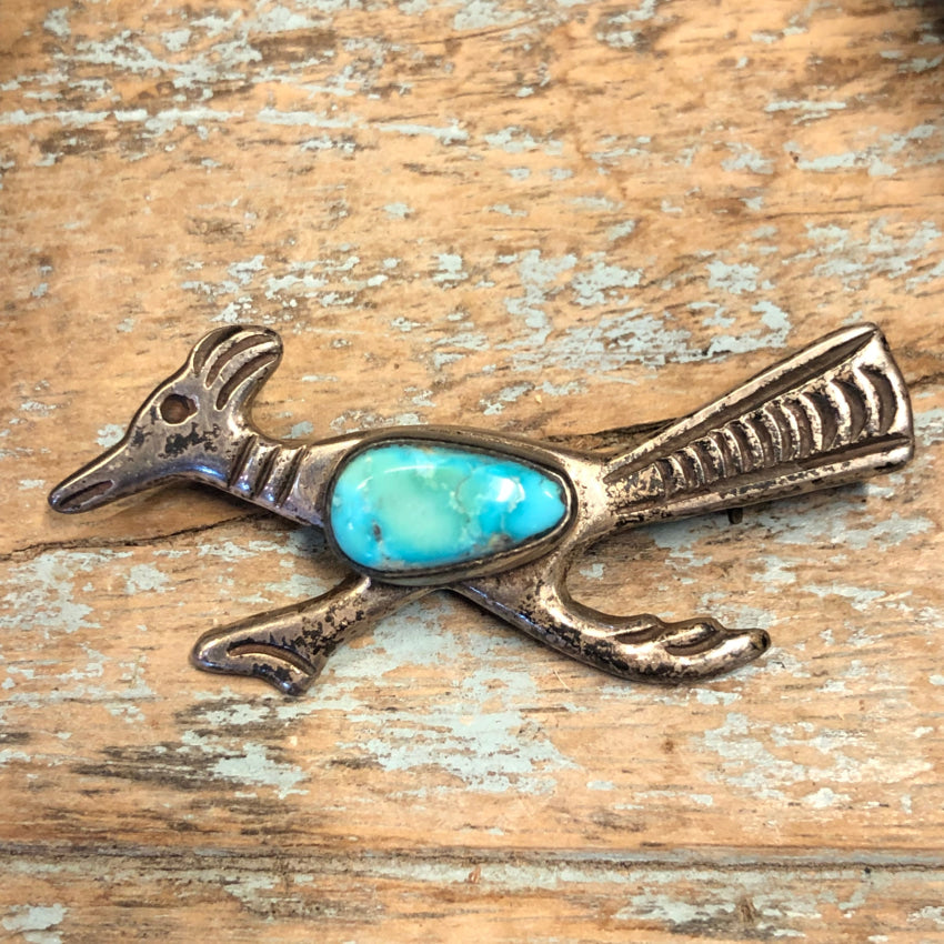 Vintage sterling silver shops and turquoise Zuni road runner brooch