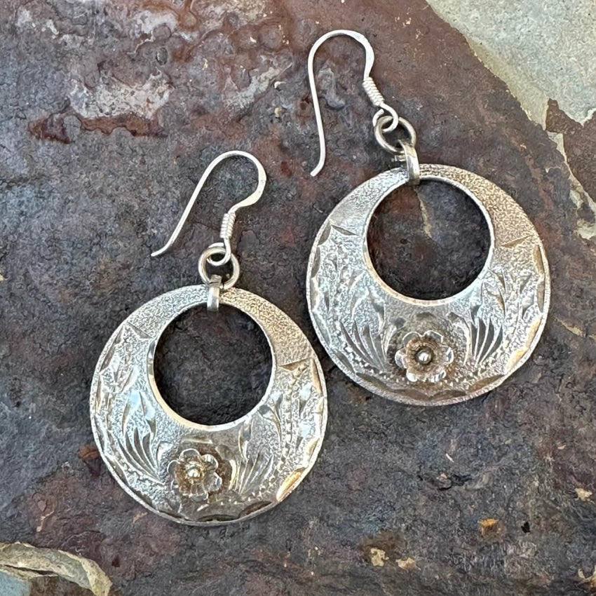 Vintage Western Etched Sterling Silver Hoop Earrings