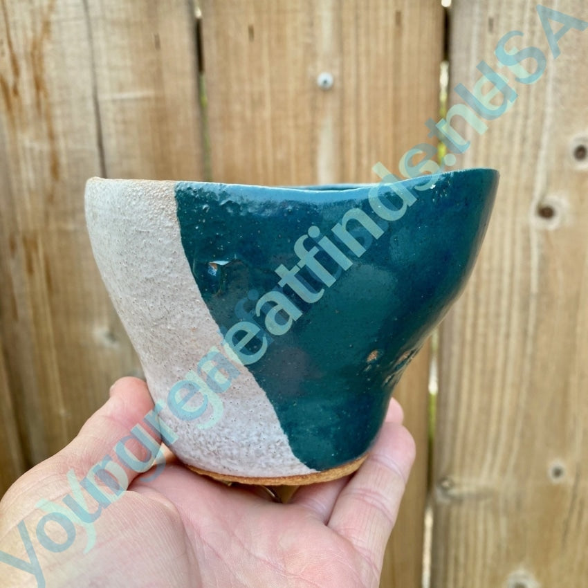 Vintage Wonky Handmade Stoneware Bowl in Teal and white Glaze Yourgreatfinds