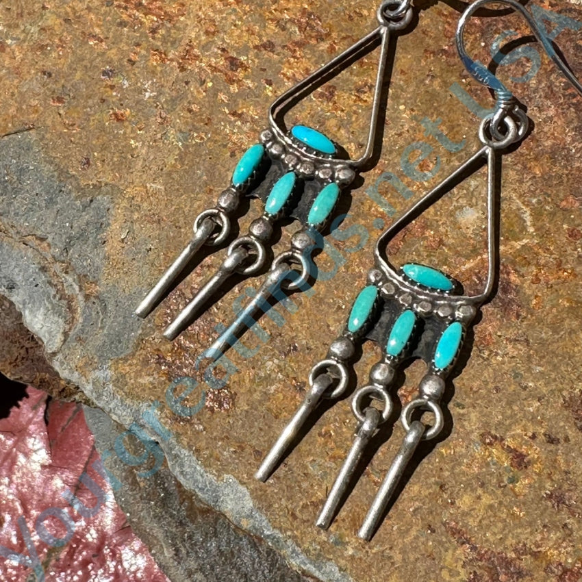 Vintage Zuni Rain Dance Earrings Sterling Silver Turquoise Pierced