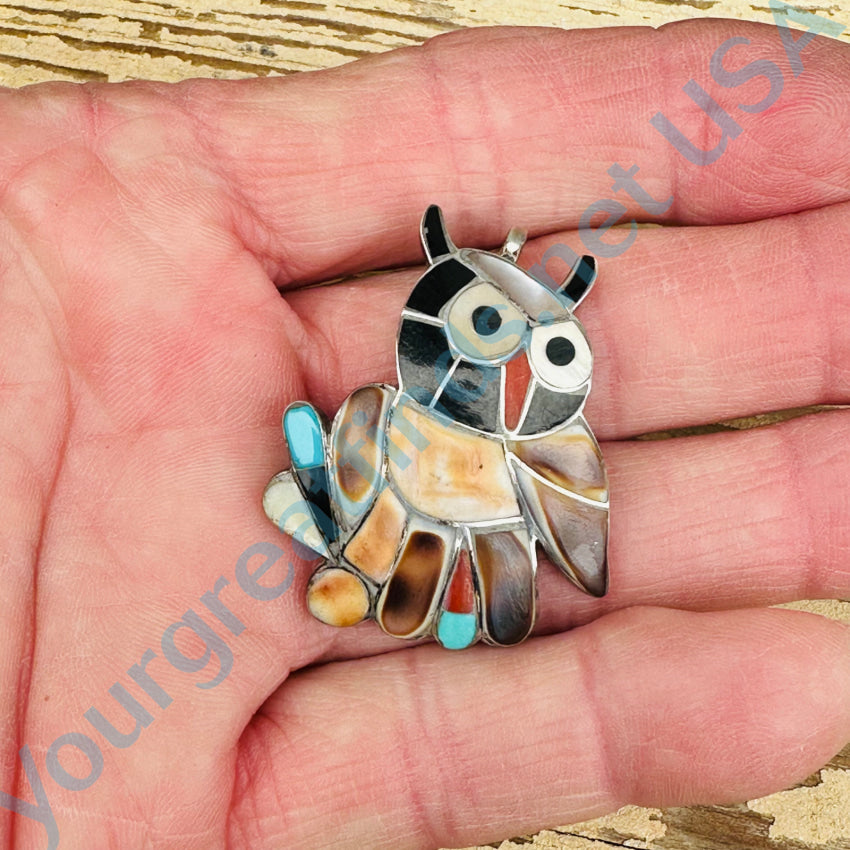 Vintage Zuni Sterling Silver Channel Inlay Owl Pin Pendant