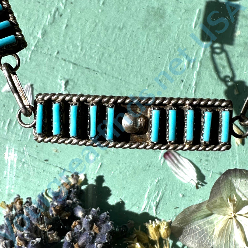 Vintage Zuni Sterling Silver & Needlepoint Turquoise Panel Bracelet