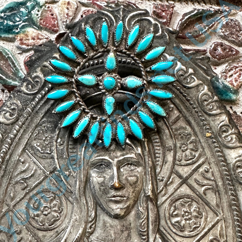 Vintage Zuni Sterling Silver Needlepoint Turquoise Rosette Pin