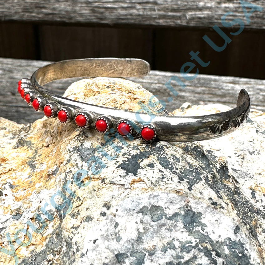 Vintage Zuni Sterling Silver &amp; Red Coral Snake Eye Row Bracelet