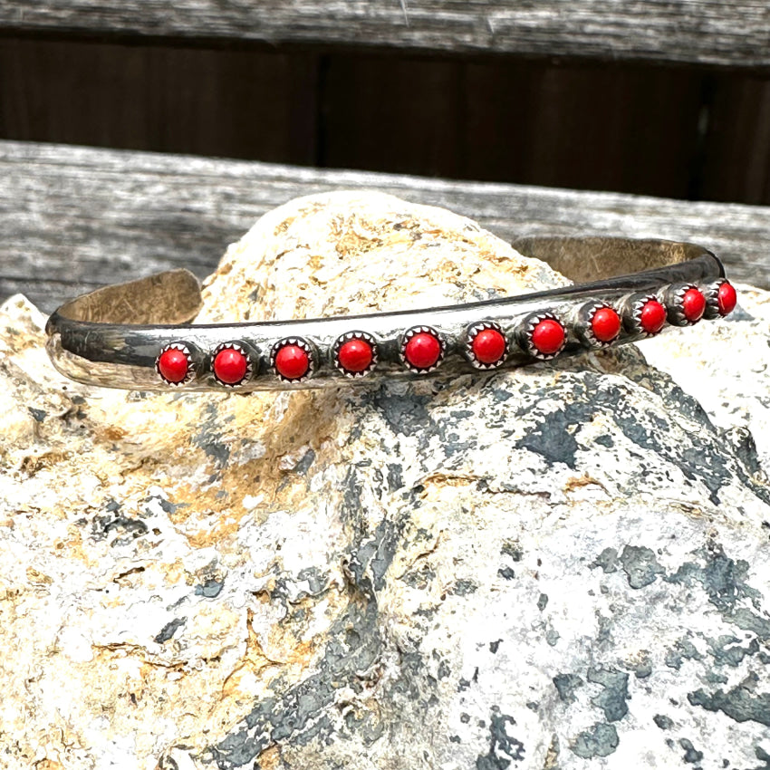 Vintage Zuni Sterling Silver & Red Coral Snake Eye Row Bracelet