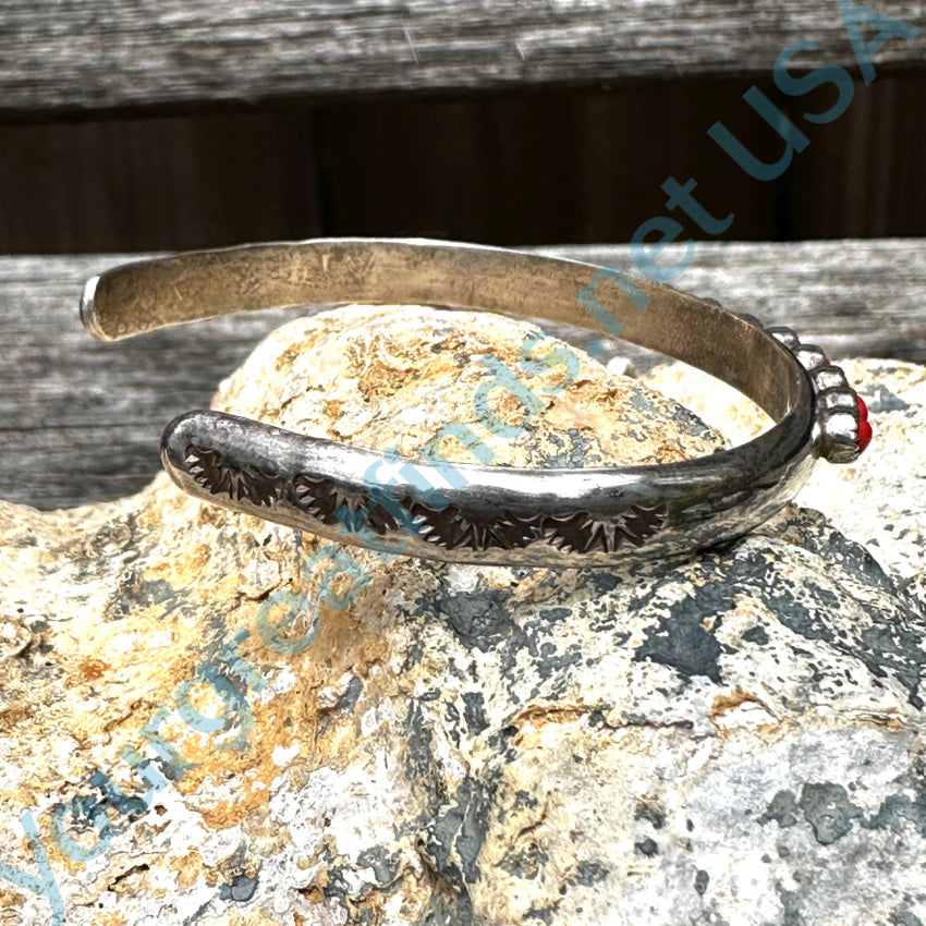 Vintage Zuni Sterling Silver &amp; Red Coral Snake Eye Row Bracelet