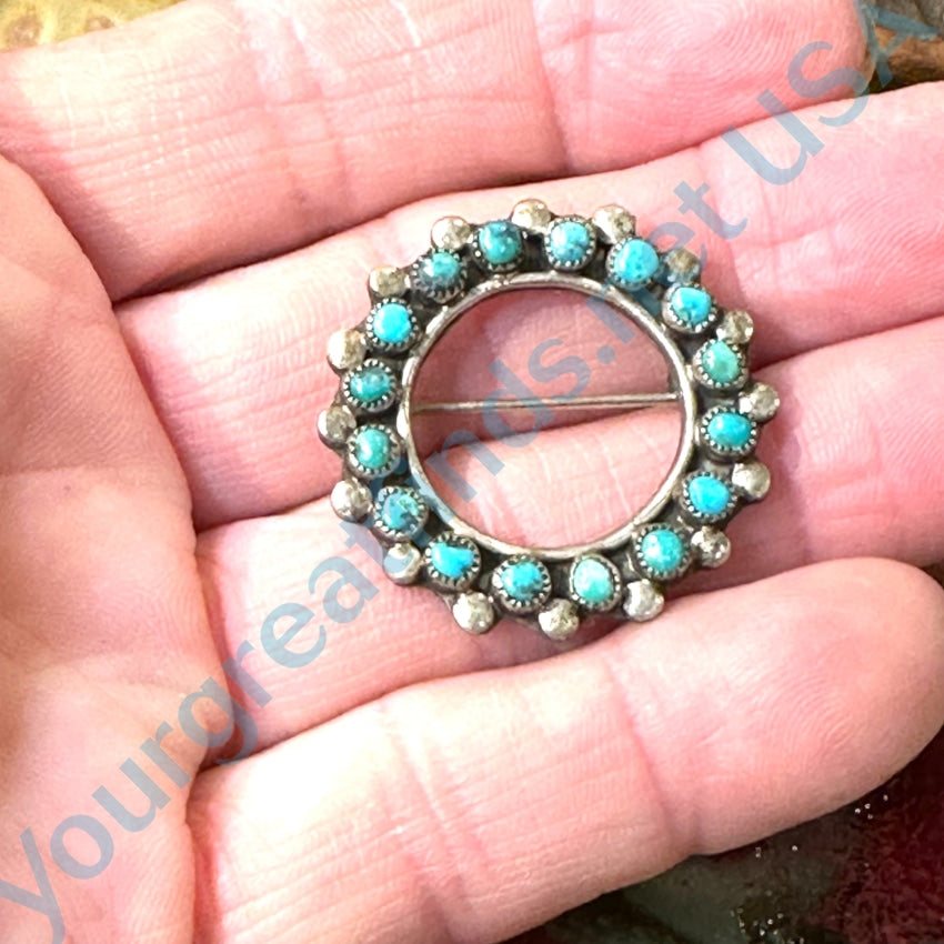 Vintage Zuni Sterling Silver Snake Eye Turquoise Wreath Pin