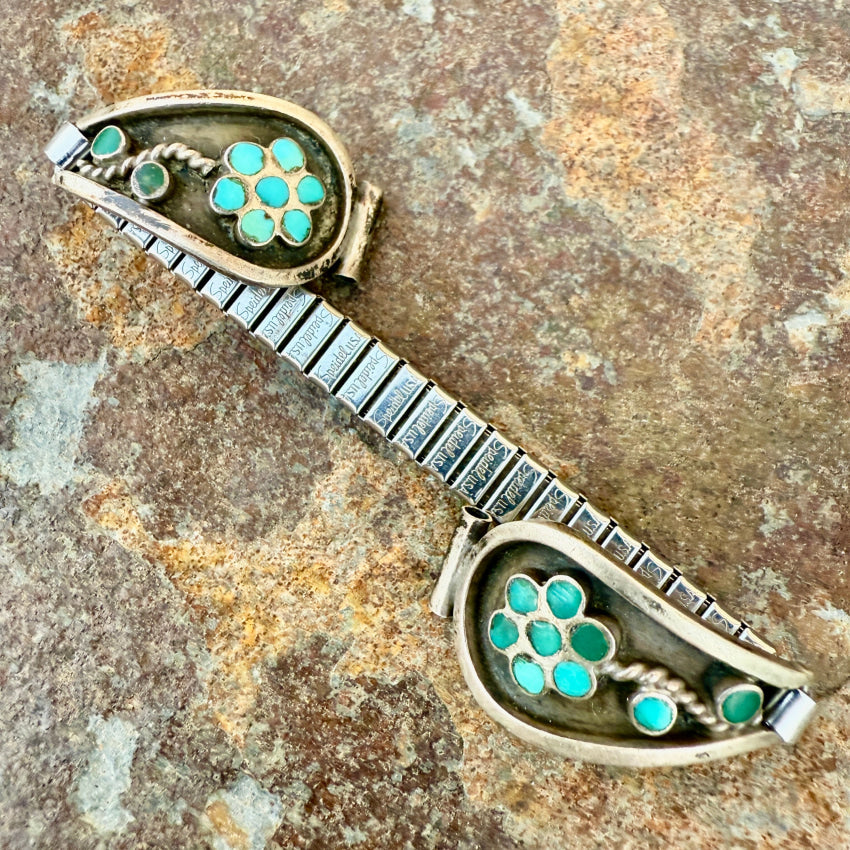 Vintage Zuni Turquoise Dots Flowers Sterling Silver Watch Band