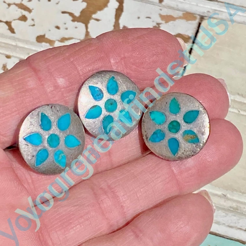 Vintage Zuni Turquoise Inlay Cufflink and Tie Tack Set Sterling Silver Yourgreatfinds