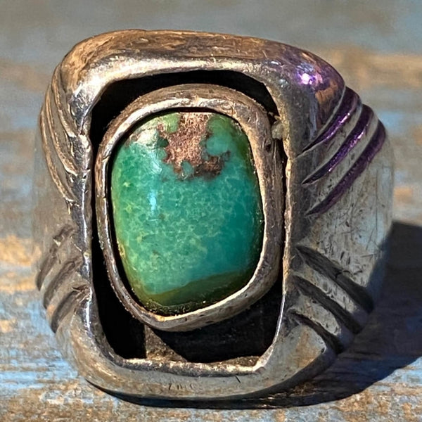 Early Navajo Sand Cast Turquoise Ring .999 Silver Size 9