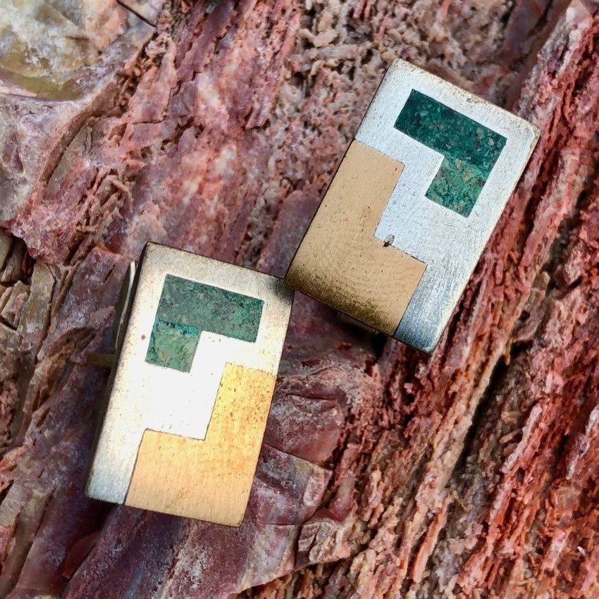 Mexican Metales Inlay Brass and Sterling Silver Cufflinks Yourgreatfinds