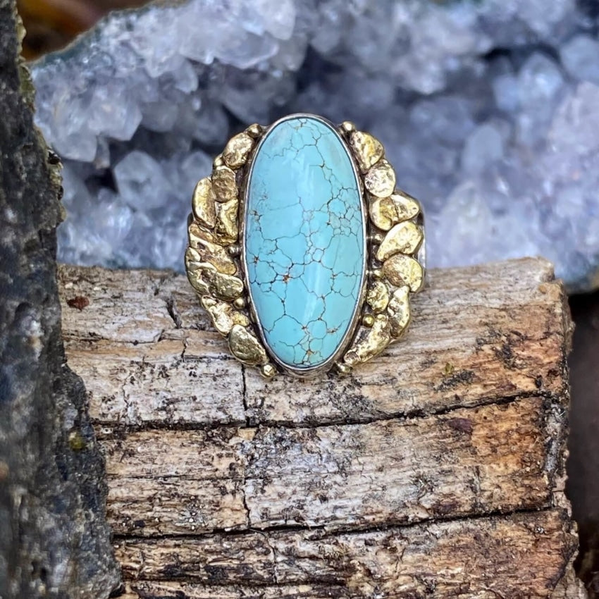 Navajo Ring 925 Silver 22k Gold Ring No. 8 Mine Turquoise 6 