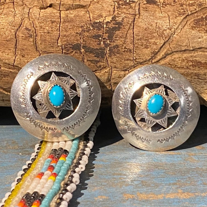 Navajo Sterling Silver Star Concho Earrings Turquoise Clip