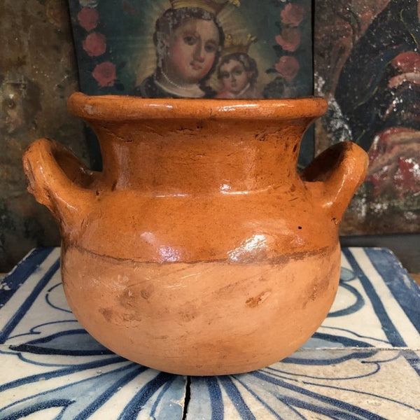 Old Mexican Terracotta Bean Pot Hand Painted Spelling Error