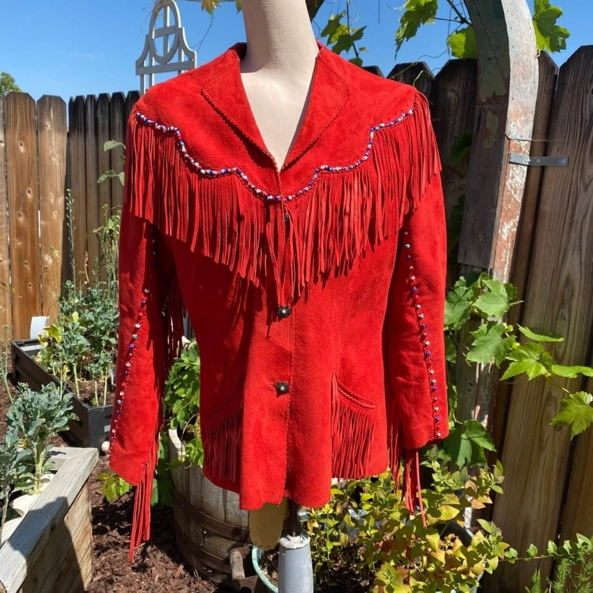 Vintage Suede Red Western Fringed fashion Jacket