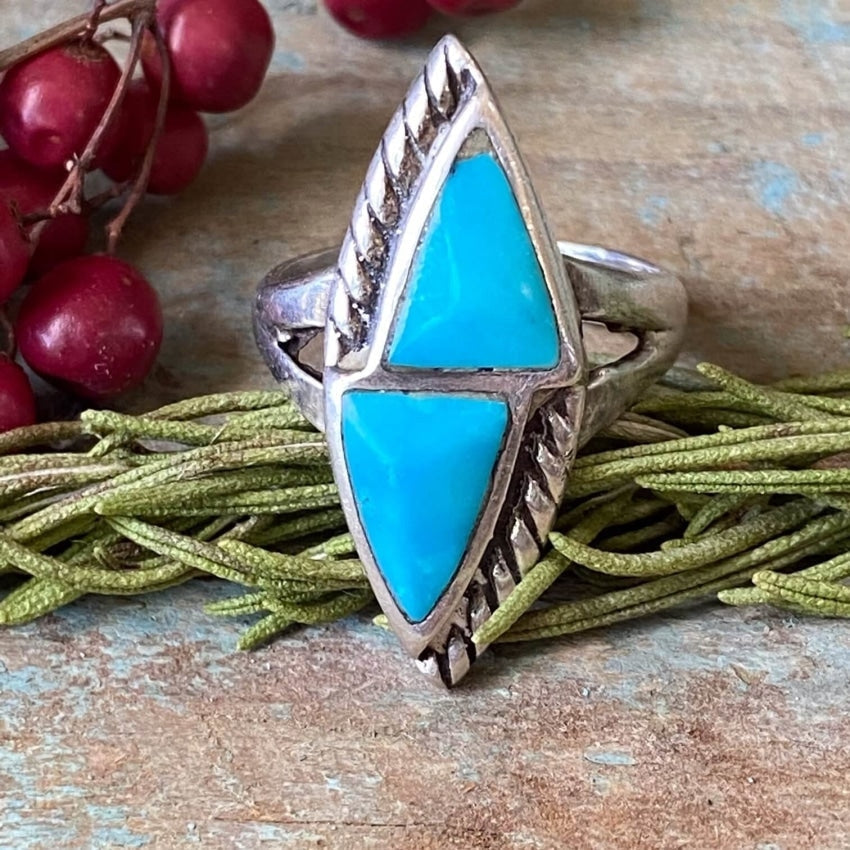 Southwestern Double Turquoise Arrowhead Ring Sterling Sz 6.5 Yourgreatfinds