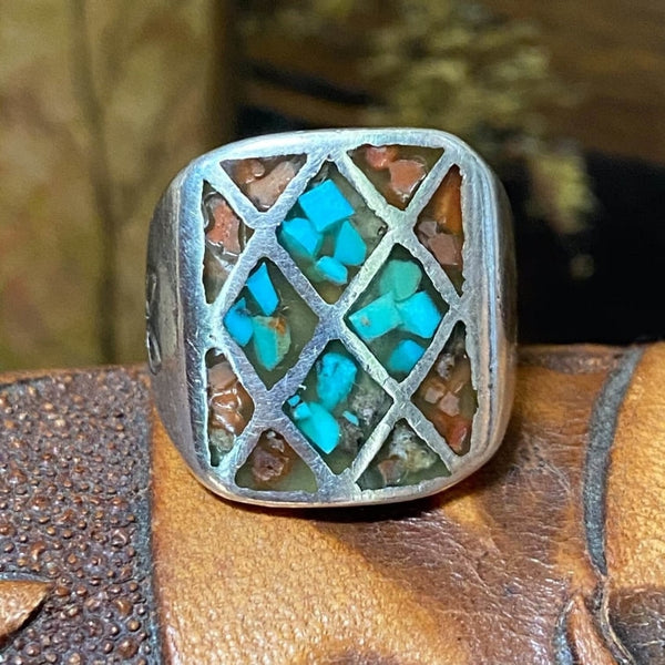 Time Worn Southwest 925 Silver Ring Turquoise Chip Mosaic 9.5
