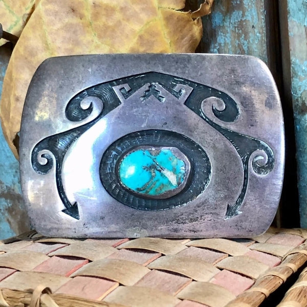 Yourgreatfinds Navajo Sterling Silver Belt Buckle Turquoise Inlay