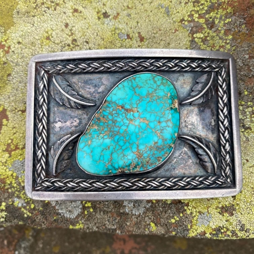 Vintage Navajo Sterling Silver Belt Buckle with Red Mountain Mine Turquoise Yourgreatfinds