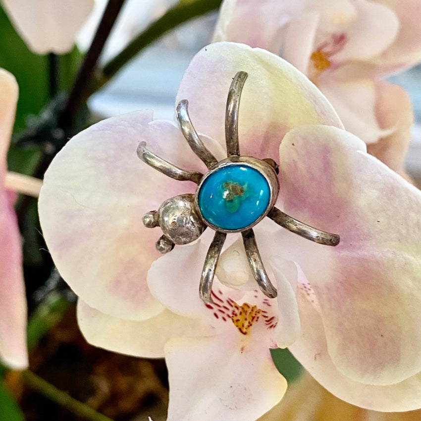 Vintage Navajo Sterling Silver Turquoise Spider Bug Pin Brooches & Lapel Pins