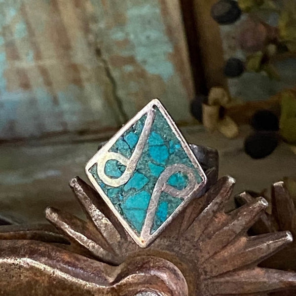 Vintage Turquoise Mosaic Inlay Ring Sterling Silver Size 5