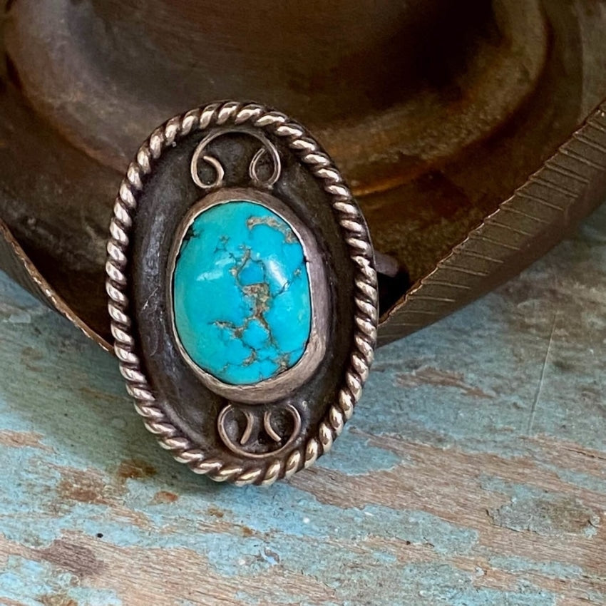 Western Sterling Silver Ring Turquoise Wire Rope Size 7.5 Yourgreatfinds