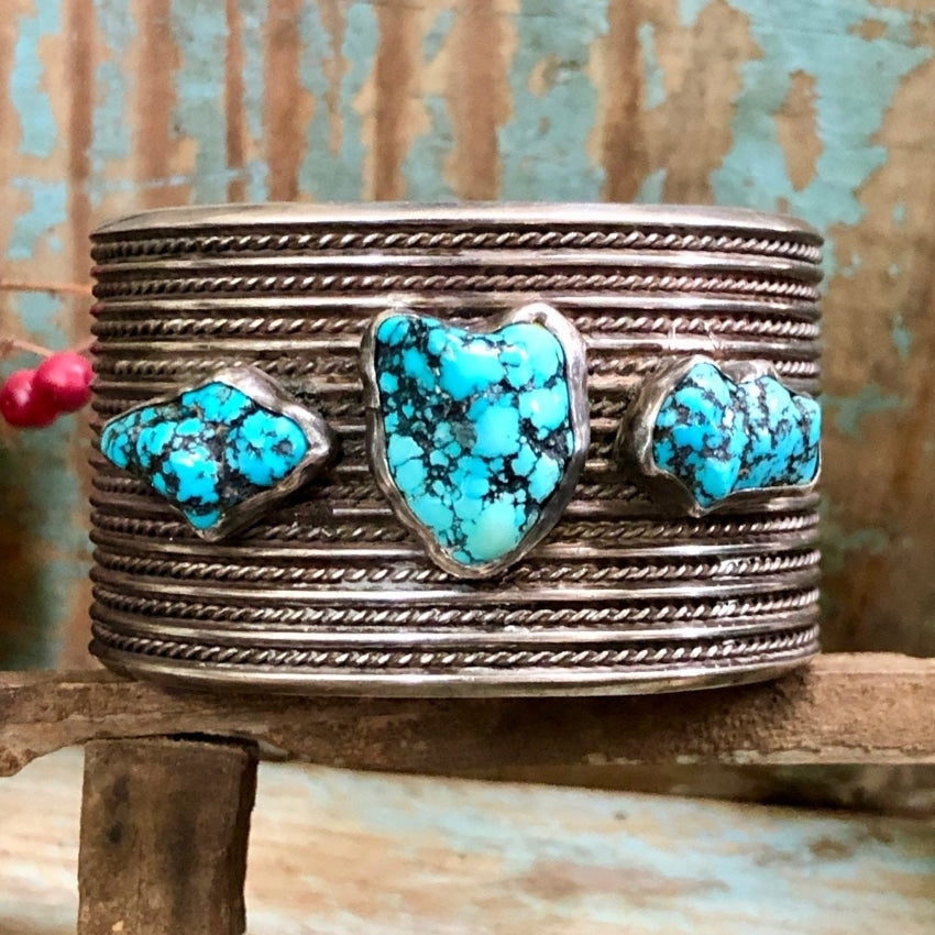 Wide Navajo Cuff Bracelet Blue Spider Web Turquoise – Yourgreatfinds