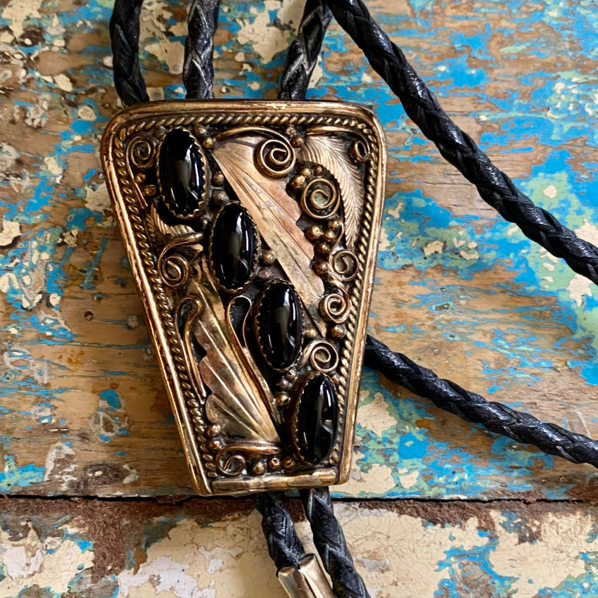 12K Gold Filled Sterling Silver Onyx Navajo Bolo Tie