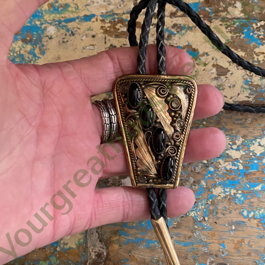 12K Gold Filled Sterling Silver Onyx Navajo Bolo Tie