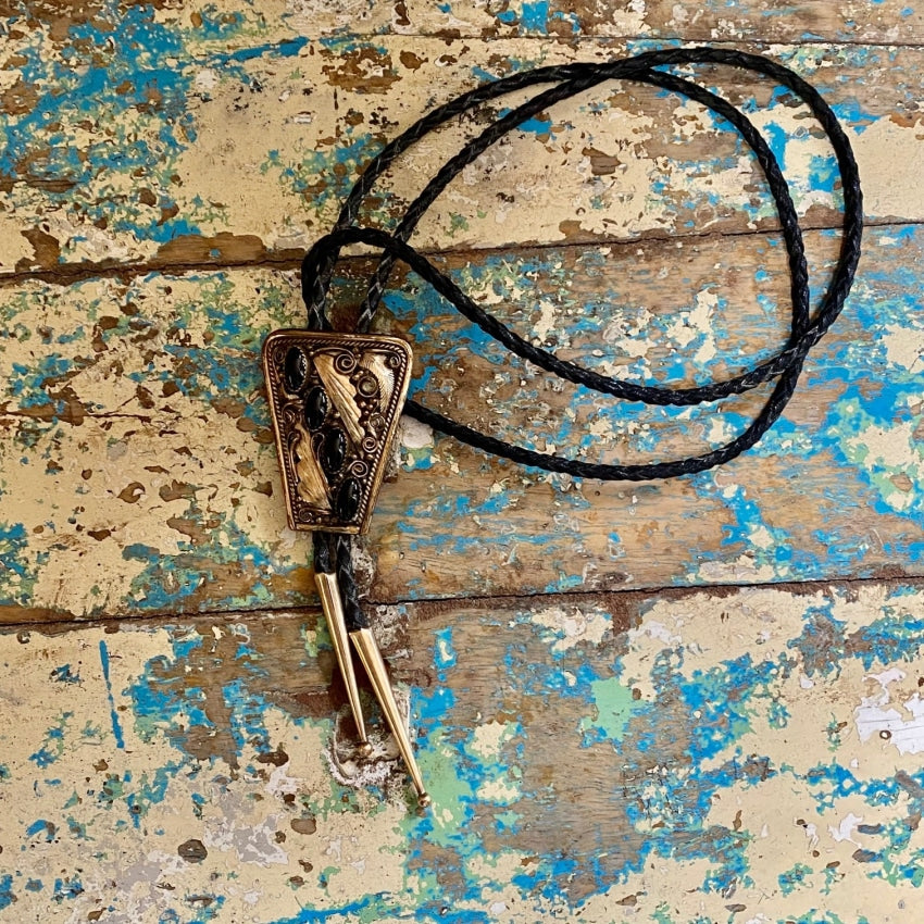 12K Gold Filled Sterling Silver Onyx Navajo Bolo Tie