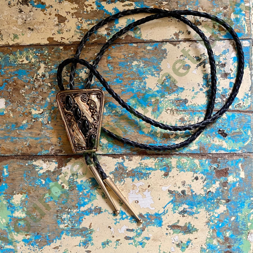 12K Gold Filled Sterling Silver Onyx Navajo Bolo Tie