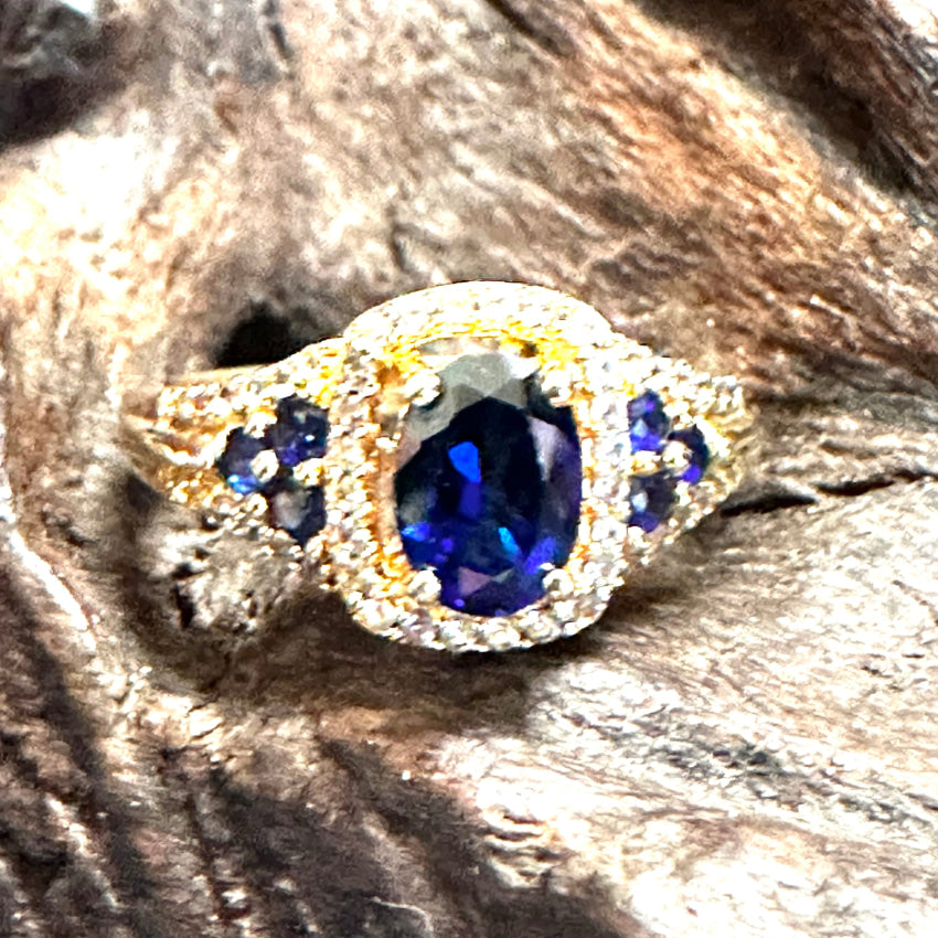 !4K Gold Plated 925 Sapphire & Diamond Ring Size 6.5 Ring