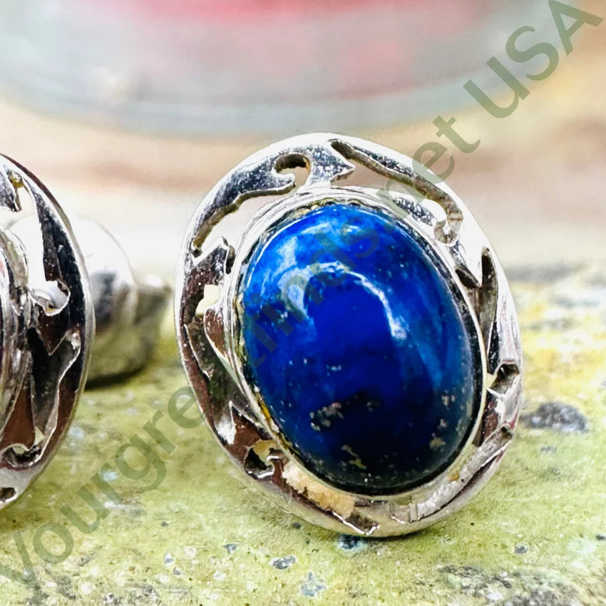 14K White Gold Lapis Lazuli Pierced Post Stud Earrings