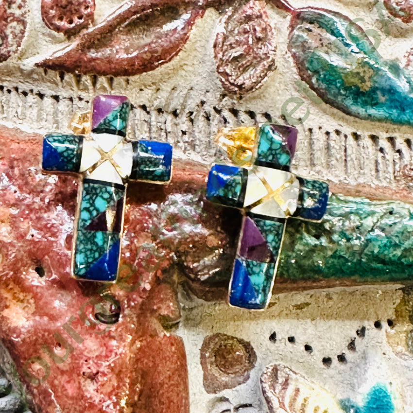 14K Yellow Gold Channel Inlay Cross Pierced Post Earrings D. Ashley Navajo