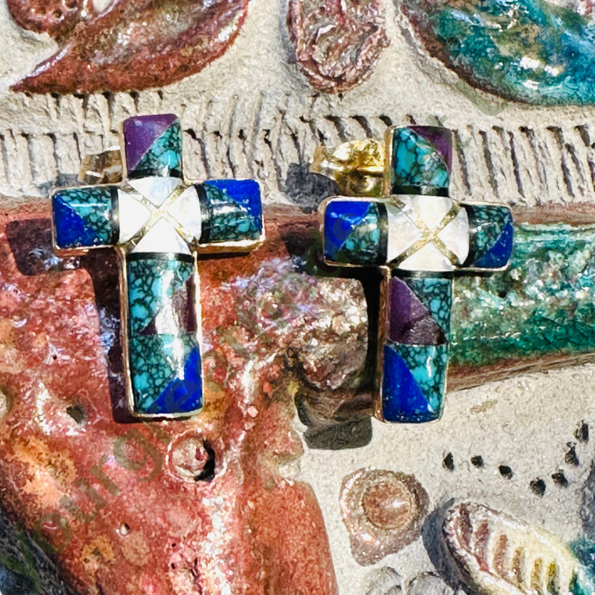 14K Yellow Gold Channel Inlay Cross Pierced Post Earrings D. Ashley Navajo