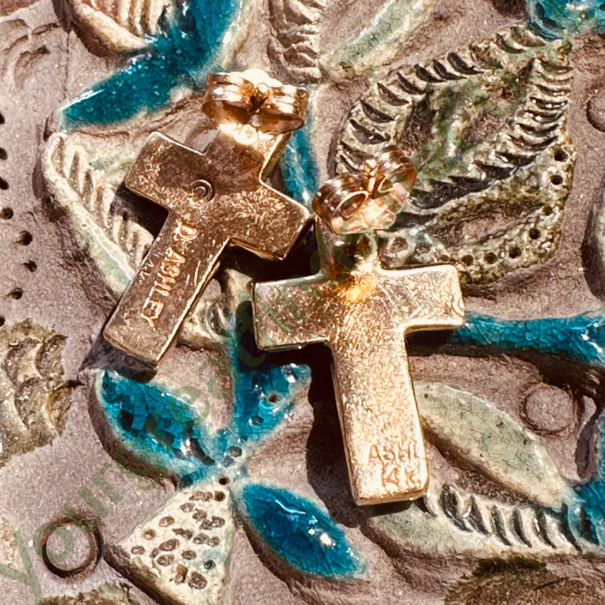 14K Yellow Gold Channel Inlay Cross Pierced Post Earrings D. Ashley Navajo