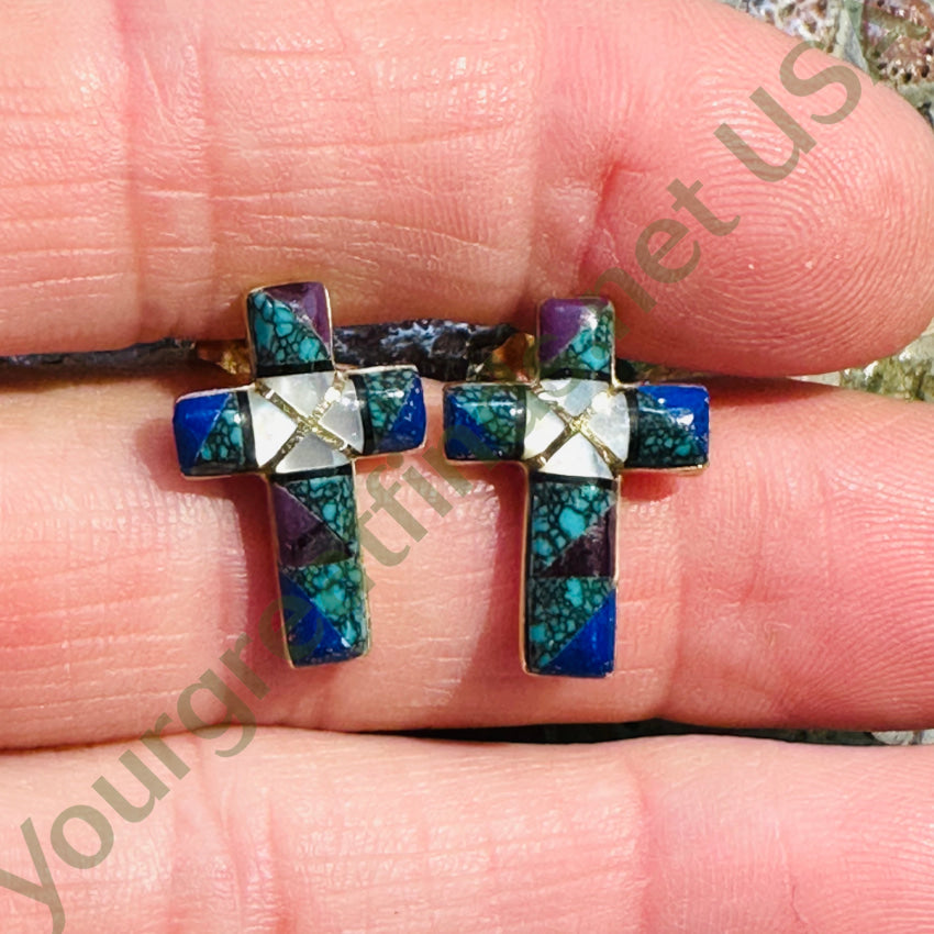 14K Yellow Gold Channel Inlay Cross Pierced Post Earrings D. Ashley Navajo