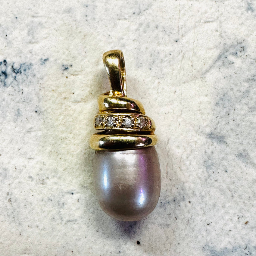 14K Yellow Gold Diamond And Champagne/Gray Freshwater Pearl Pendant Pendant