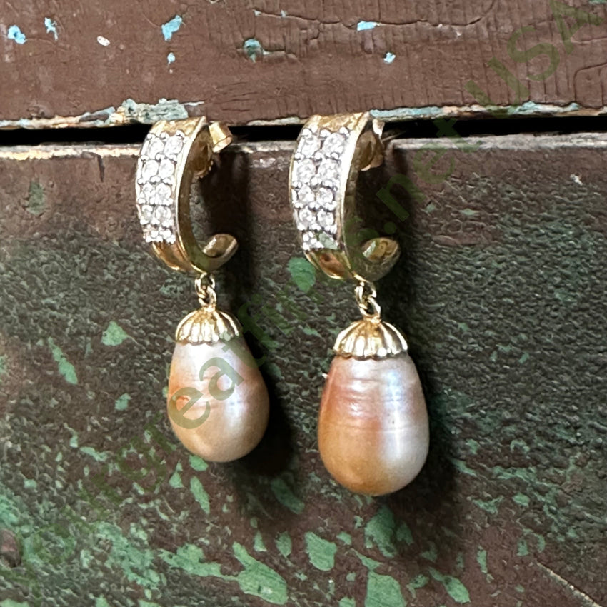 14K Yellow Gold Diamond Pierced Post Earrings Champagne Pearl Drops Earrings