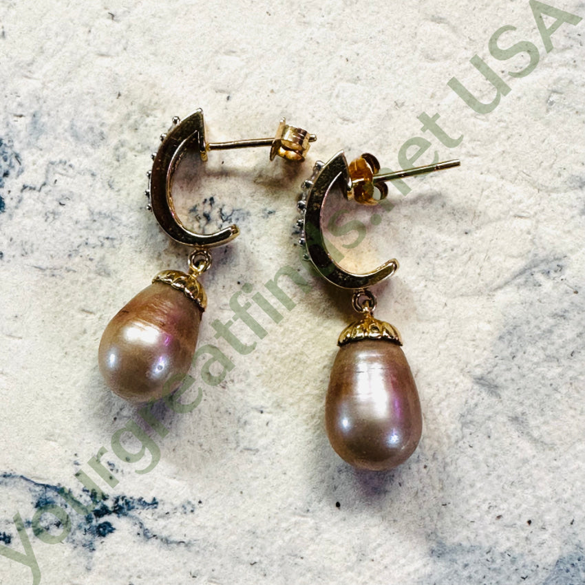 14K Yellow Gold Diamond Pierced Post Earrings Champagne Pearl Drops Earrings