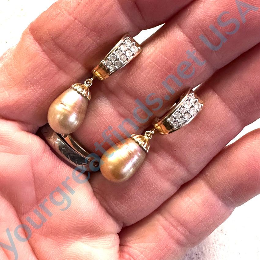 14K Yellow Gold Diamond Pierced Post Earrings Champagne Pearl Drops Earrings