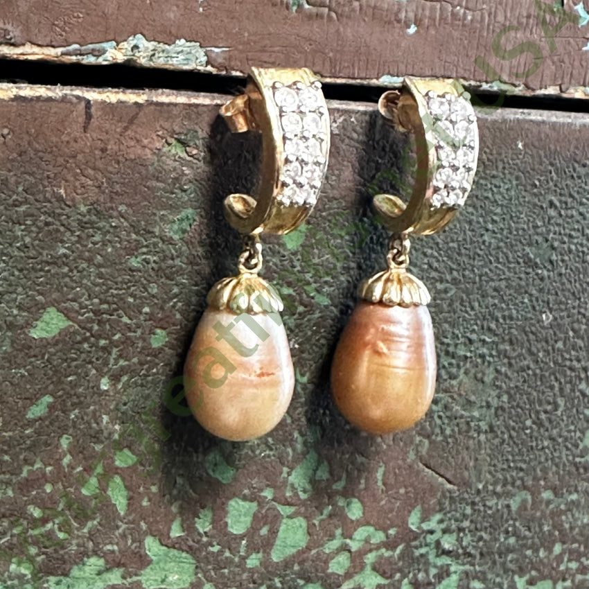 14K Yellow Gold Diamond Pierced Post Earrings Champagne Pearl Drops Earrings