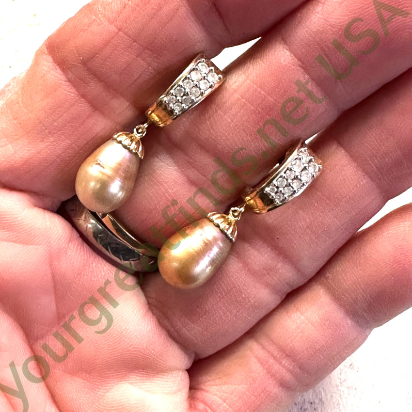 14K Yellow Gold Diamond Pierced Post Earrings Champagne Pearl Drops Earrings