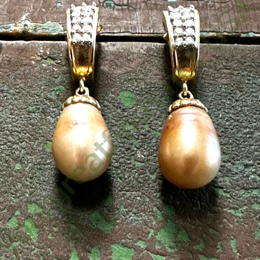 14K Yellow Gold Diamond Pierced Post Earrings Champagne Pearl Drops Earrings