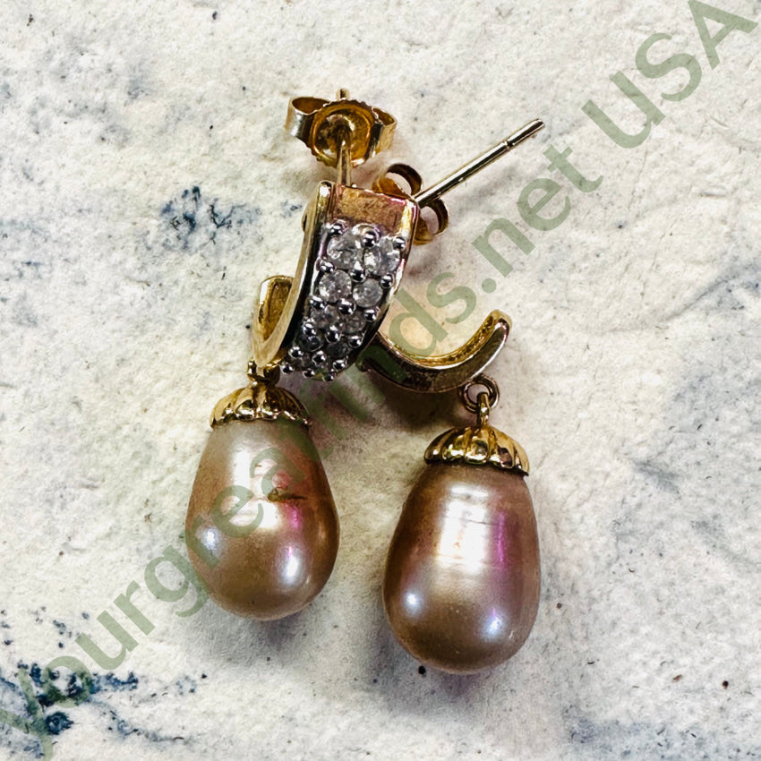 14K Yellow Gold Diamond Pierced Post Earrings Champagne Pearl Drops Earrings